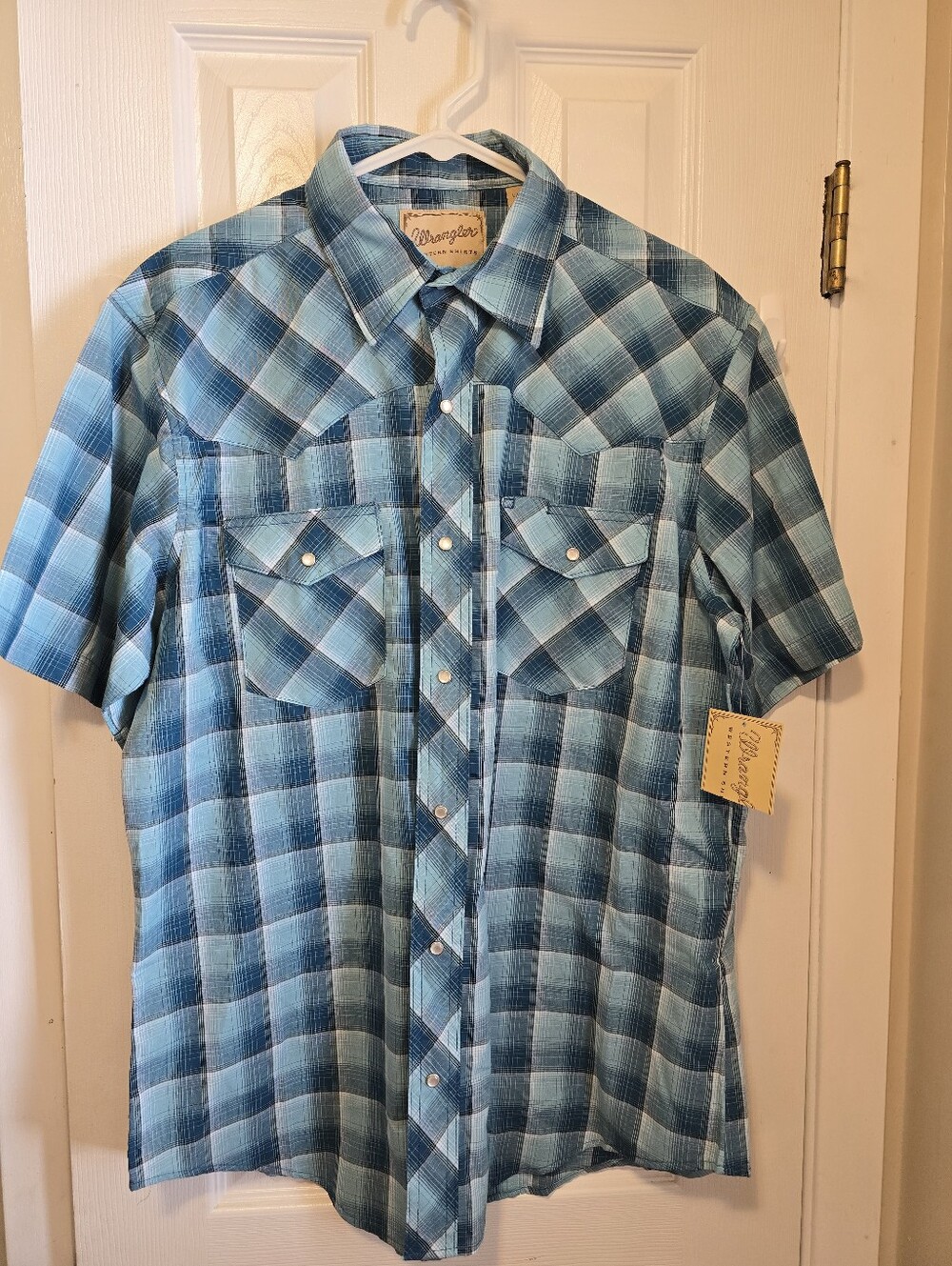 NWT Wrangler Men's Large Teal And Blue Plaid Western Pearl Snap Shirt